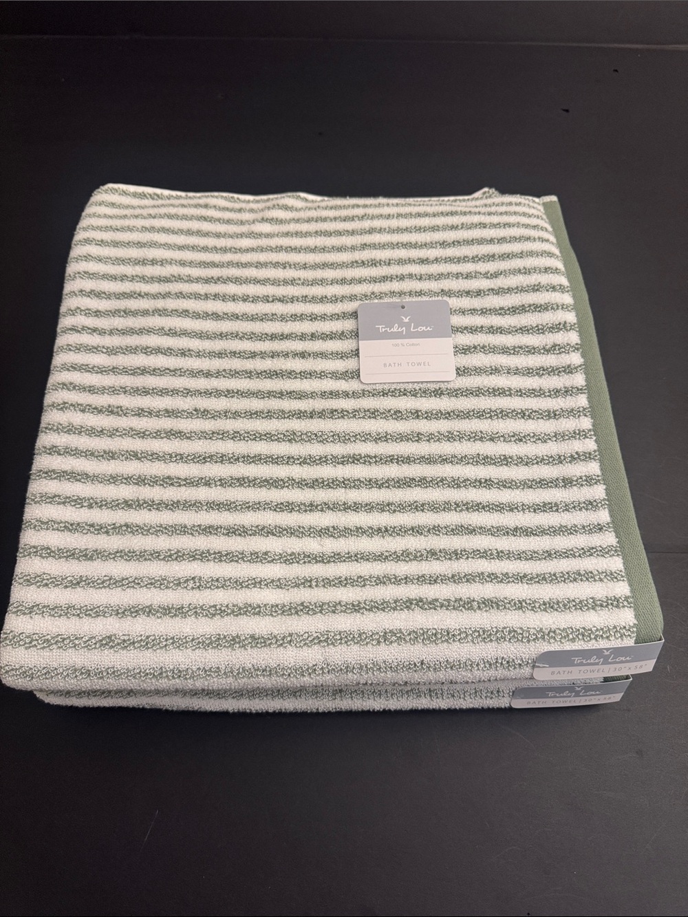 8pc TRULY LOU 100% Cotton Stripe Bath Towel Set -Soft -Absorbent - Wht/Oil Green - Picture 2 of 9